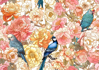 Blossom trees with sparrow and parrots Seamless pattern, background. Vector illustration. In Chinoiserie, botanical style - 781529803