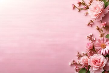 Fototapeta na wymiar Pink lovely background with flowers, Valentine's Day, Easter, Birthday, Happy Women's Day, Mother's Day. Flat lay, top view, copy space for text