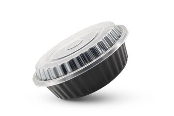 A black rounded food tray With Clear Plastic Cover isolated on white background