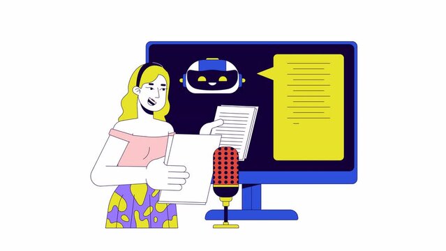 Speech recognition in AI line 2D animation. Blonde woman microphone in voiceover studio 4K video motion graphic. Girl talking mic. Voice to text linear animated cartoon flat concept, white background