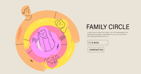 Family members hugging together. Supportive parents, togetherness, mutual care and love concept. Family circle, embracing mother, father, son and daughter. Vector illustration.