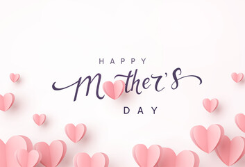 Mother's day postcard with paper flying elements and calligraphy text on light pink background. Vector symbols of love in shape of heart for greeting card, cover, ad, label design - obrazy, fototapety, plakaty