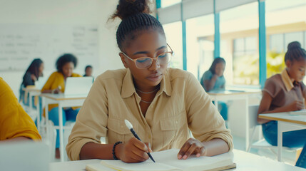 Young female student sitting in classroom, writing an exam. African American girl attending lecture at college or university, school lesson. Students studying in class