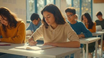 Fototapeta premium Young female student sitting in classroom, writing notes. Hispanic girl attending lecture at college, school lesson. University students studying in class, passing test, exam