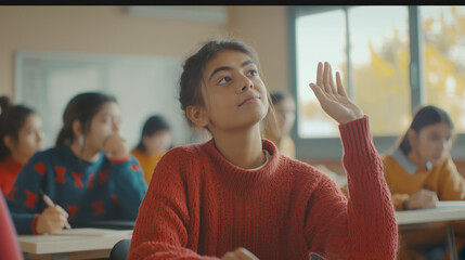 Young female student sitting in classroom, asking a question with hand up. Girl attending lecture at college or university, school lesson. Students studying in class