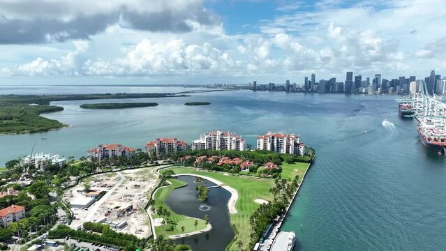 Miami Beach fisher island with downtown view DRONE 4K VIDEO 