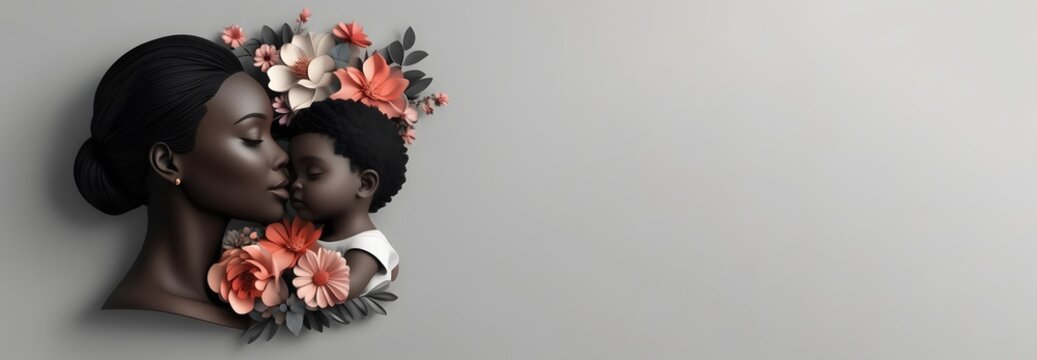 Side face of black mother with black baby and flowers in 3D render style with copy space for mother's day on gray background Illustration 3D