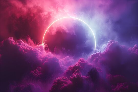A breathtaking digital artwork of vibrant pink and purple clouds encircling a bright lunar halo in a mystical night sky.