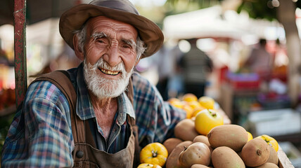 an elderly man sells fruit in the bazaar - obrazy, fototapety, plakaty