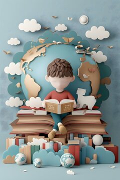 3D Illustration of a boy reading book. A globe and many books isolated. World book day concept.