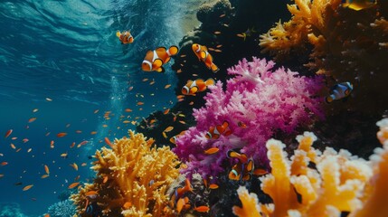 Numerous fish swim near vibrant coral in the water