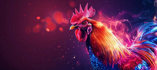 Rooster on the neon background - obrazy, fototapety, plakaty