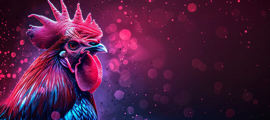 Rooster on the neon background - obrazy, fototapety, plakaty