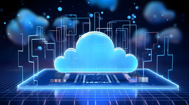 cloud computing technology concept transfer database to cloud. There is a prominent large cloud icon in the center and a small white icon on the connected polygons with a dark blue background.