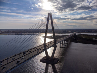 Arthur Ravenel Jr Bridge, Connects Charleston to Mount Pleasant, Aerial Drone View, South Carolina,...