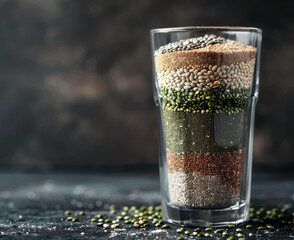 layers glucomannan, piperine, chlorella, carnitine, linseed, hemp seeds in one glass On a dark background , realistic photograph - obrazy, fototapety, plakaty