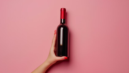 Female hand holding bottle of red wine on pink background - obrazy, fototapety, plakaty