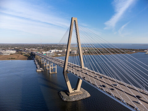 Arthur Ravenel Jr Bridge, Connects Charleston to Mount Pleasant, Aerial Drone View, South Carolina, USA. Passes over the Cooper River.