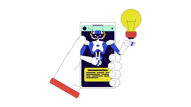 Virtual agent smartphone line 2D animation. Robotic process automation 4K video motion graphic. Hand holding phone. Customer service chatbot linear animated cartoon flat concept, white background