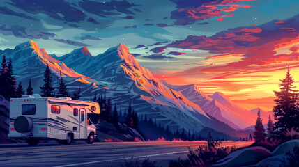 On the road: colorful illustration of a motorhome amidst mountains
