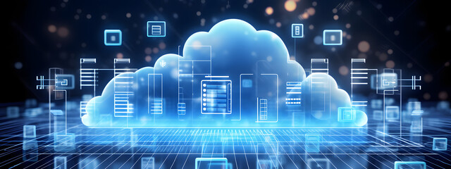 cloud computing technology concept transfer database to cloud. There is a prominent large cloud icon in the center and a small white icon on the connected polygons with a dark blue background.