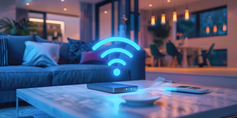 A contemporary living room at twilight with vibrant blue smart home wifi signal icon glowing above a router on a coffee table. - obrazy, fototapety, plakaty