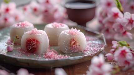 Fototapeta na wymiar Cherry Blossom Season Delight Sakura Mochi in Kyotos Traditional Tea Houses