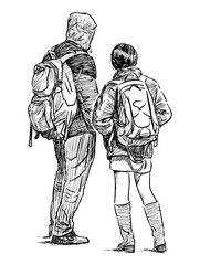 Couple, tourists, young people, backpacks,standing, together, real people, back view, pair, hand drawn,vector, illustration,isolated, black and white