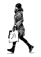 Woman,casual,shopping bag, striding,profile,sketch, doodle, one, young people, realistic, vector,handdrawn, isolated on white - 781532429