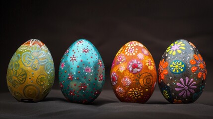 Naklejka premium Three colorful painted Easter eggs on black surface