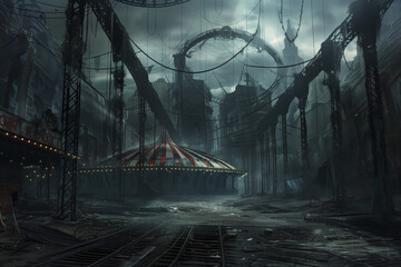 A gloomy abandoned circus with a striped dome amidst a dilapidated amusement park in grim blue-gray tones - 781532618