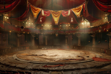 An abandoned circus arena in gloomy red-orange tones - 781532632