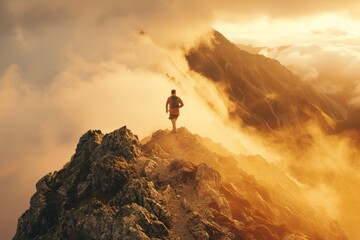 A hiker triumphantly stands atop a rugged peak, overlooking a sea of clouds against a dramatic sunrise