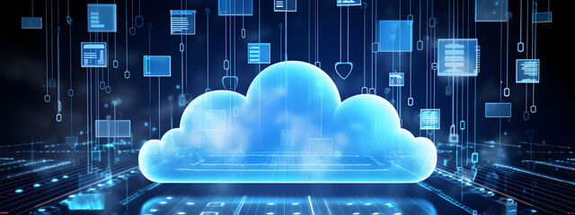 cloud computing technology concept transfer database to cloud. There is a prominent large cloud icon in the center and a small white icon on the connected polygons with a dark blue background.