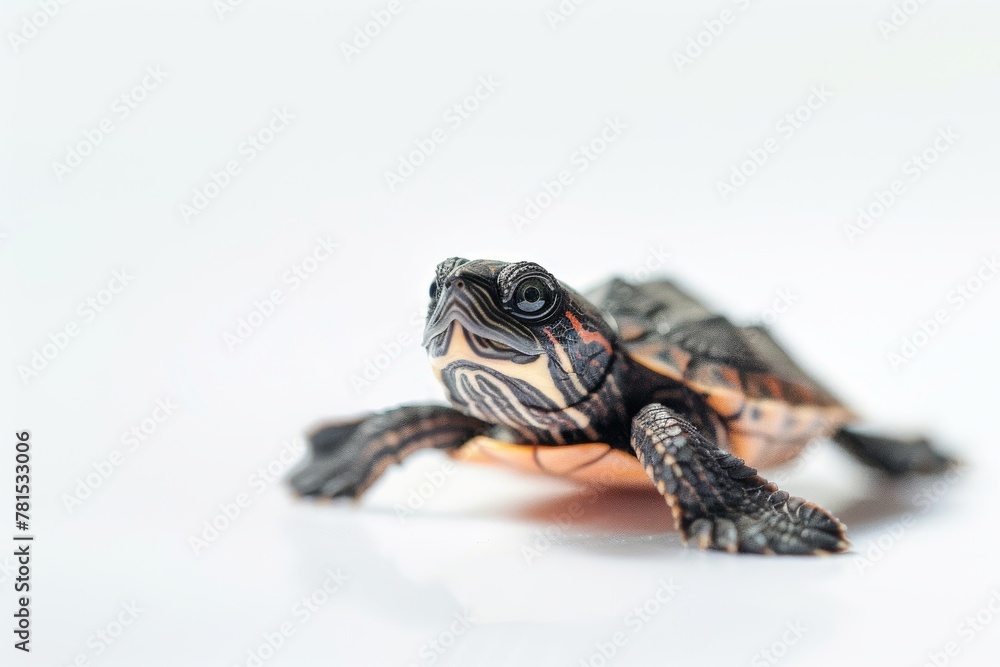 Poster A detailed close-up photograph of a painted turtle with focus on its vibrant shell patterns and detailed facial features