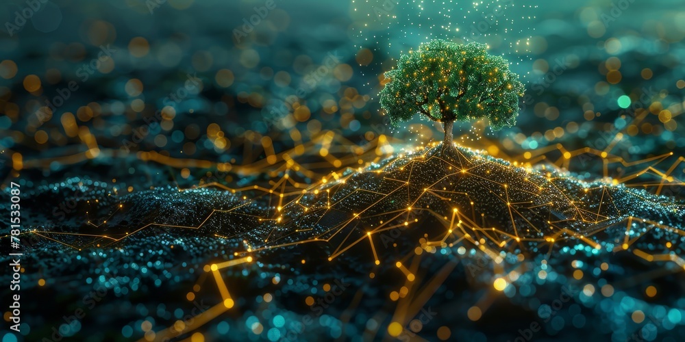 Aufkleber a tree is growing on a rocky hill with a network of lines surrounding it. the image has a futuristic