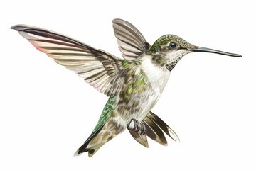 This is a detailed and realistic illustration showing a hummingbird with intricate feather patterns and vibrant colors