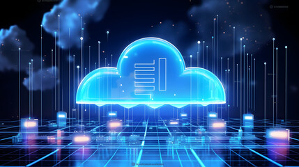 cloud computing technology concept transfer database to cloud. There is a prominent large cloud icon in the center and a small white icon on the connected polygons with a dark blue background.