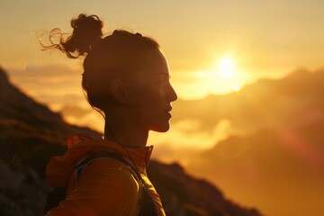 A serene image capturing a woman gazing towards the golden sunset over a scenic landscape