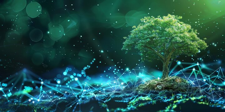 A tree is growing on a rocky surface with a blue sky in the background. The image has a futuristic and technological feel to it, with the tree appearing to be a part of a computer-generated landscape