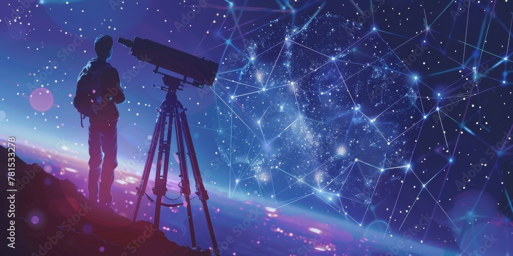 Poster a man is looking through a telescope at the stars. the image is a work of art that depicts a futuris