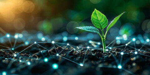 A small green plant is growing in a field of dirt. The dirt is dotted with lines, which give the image a futuristic feel