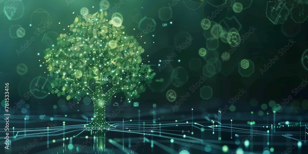 Poster a tree is shown in a green background with a lot of blurs and dots. the tree is surrounded by a lot 