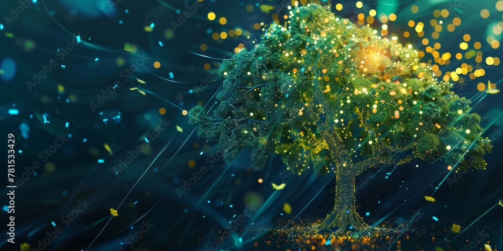 Poster a tree with many leaves and a lot of sparkles. the tree is surrounded by a blue background
