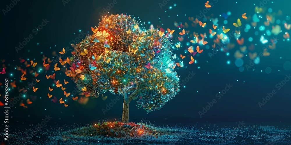 Aufkleber a tree with butterflies flying around it. the butterflies are in different colors and sizes. the tre