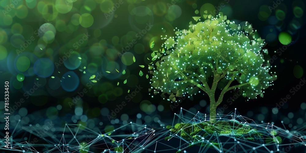 Poster a tree is shown in a green field with a lot of light shining on it. the tree is surrounded by a lot 