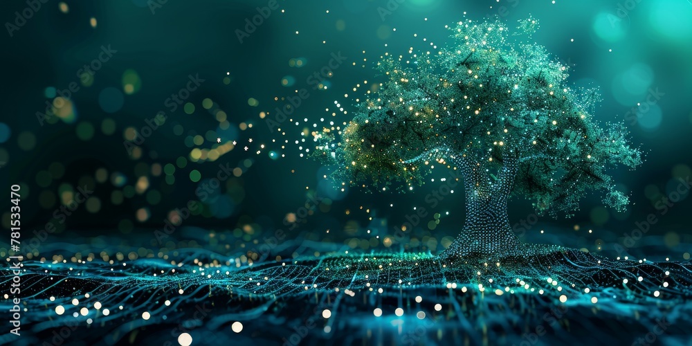 Poster a tree is shown in a digital image with a lot of glowing lights surrounding it. the image has a drea