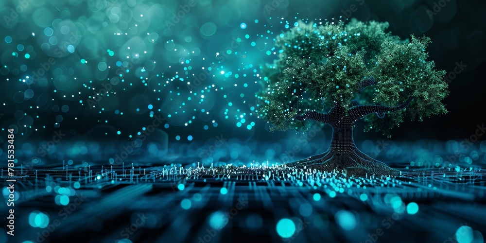 Poster a tree is surrounded by a blue background with a lot of sparkles. the tree is the main focus of the 
