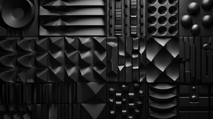This is an image showing a variety of 3D geometric shapes forming a textured pattern, rendered in monochromatic black