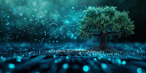 A tree is surrounded by a blue background with a lot of sparkles. The tree is the main focus of the image, and it is growing in a digital world - obrazy, fototapety, plakaty